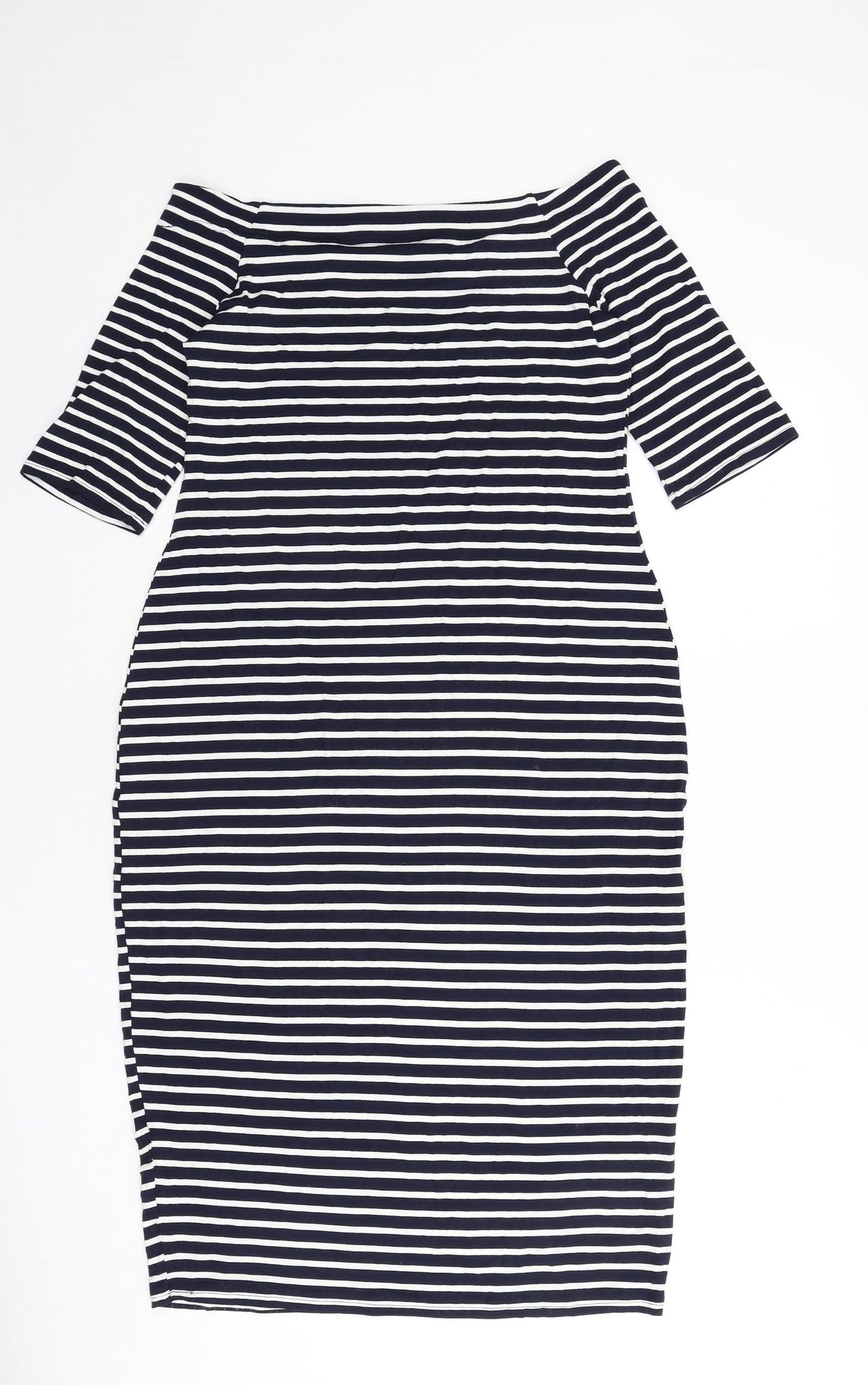 BLU Womens Blue Striped Viscose Bodycon Size 12 Off the Shoulder Pullover