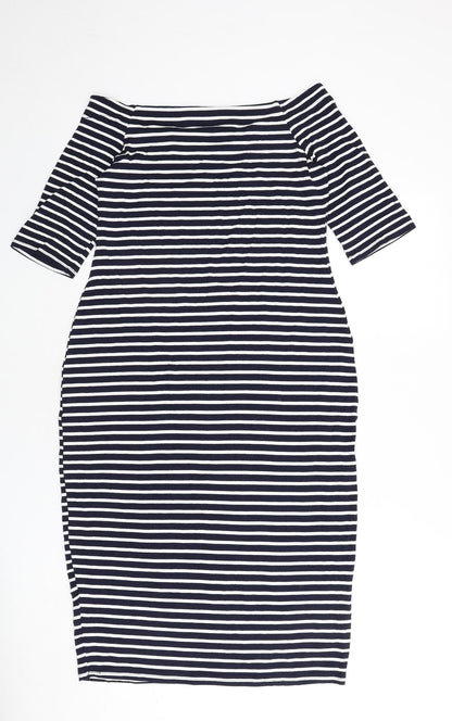 BLU Womens Blue Striped Viscose Bodycon Size 12 Off the Shoulder Pullover