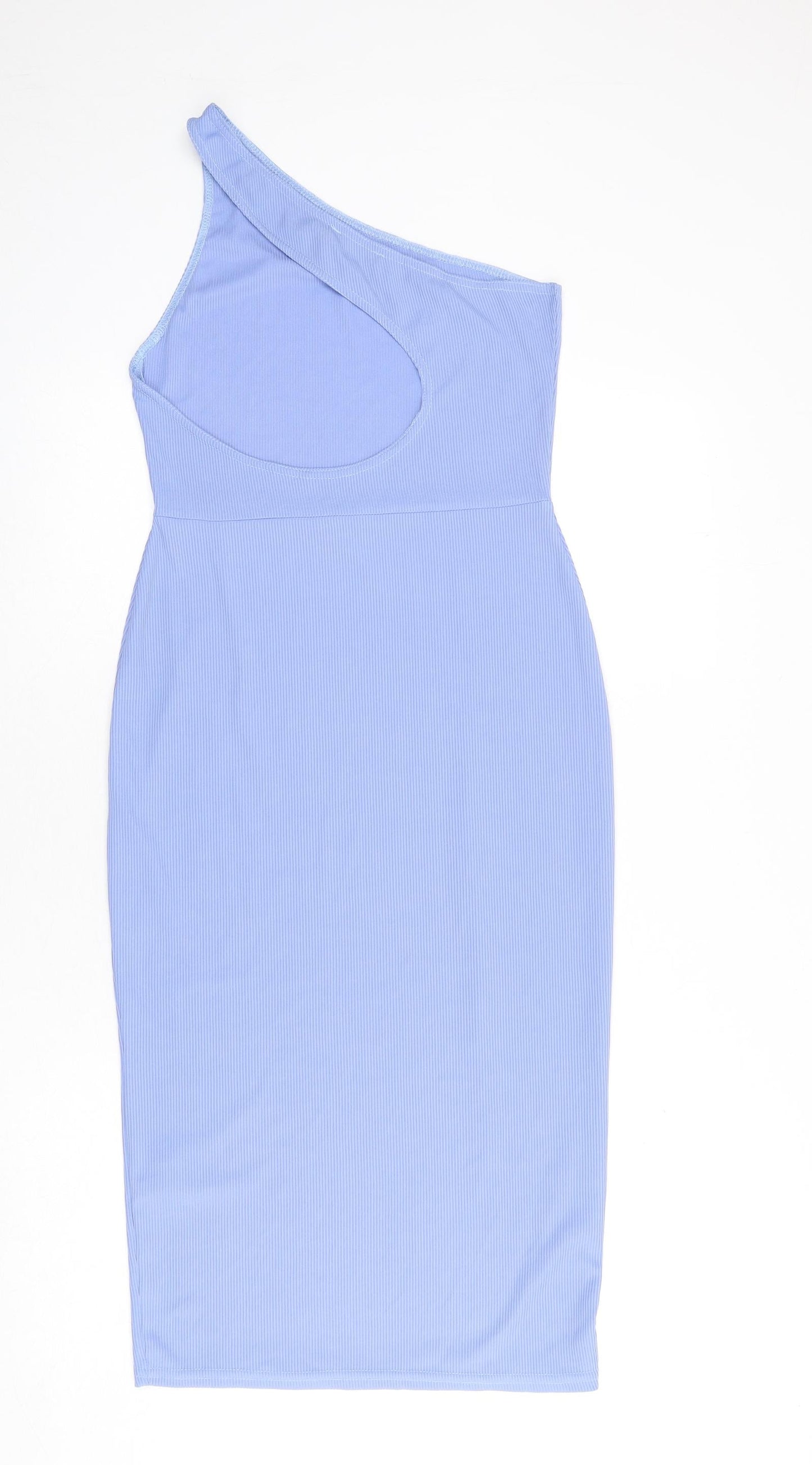 PRETTYLITTLETHING Womens Blue Polyester Bodycon Size 10 One Shoulder Pullover - Cut Out Back Detail, Ribbed