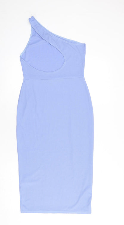 PRETTYLITTLETHING Womens Blue Polyester Bodycon Size 10 One Shoulder Pullover - Cut Out Back Detail, Ribbed