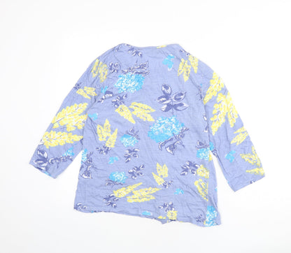 Eureco Womens Blue Floral 100% Cotton Basic Button-Up Size 14 Round Neck