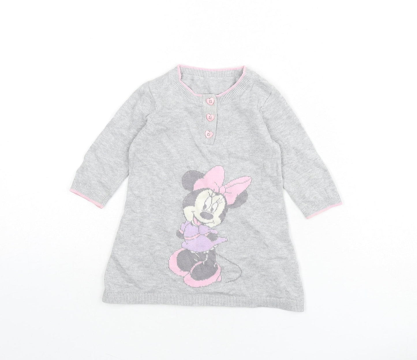 Disney Girls Grey 100% Cotton Jumper Dress Size 3-6 Months Round Neck Button - Minnie Mouse