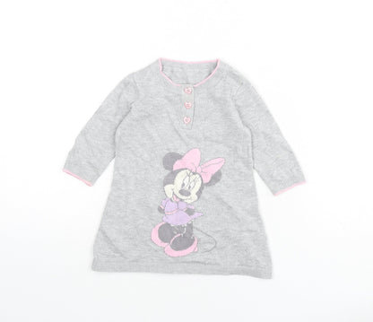 Disney Girls Grey 100% Cotton Jumper Dress Size 3-6 Months Round Neck Button - Minnie Mouse