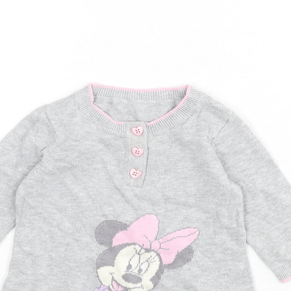 Disney Girls Grey 100% Cotton Jumper Dress Size 3-6 Months Round Neck Button - Minnie Mouse