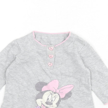 Disney Girls Grey 100% Cotton Jumper Dress Size 3-6 Months Round Neck Button - Minnie Mouse