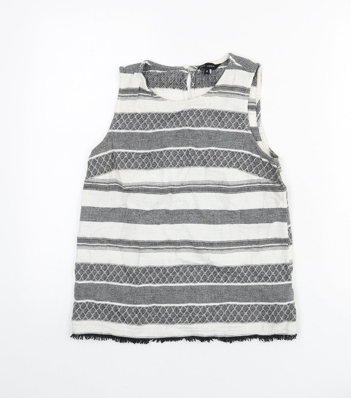 New Look Womens Grey Geometric 100% Cotton Basic Tank Size 8 Round Neck - Tassels
