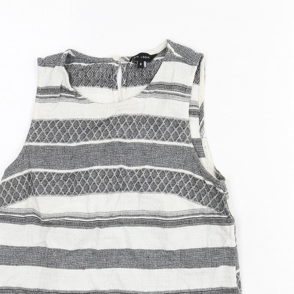 New Look Womens Grey Geometric 100% Cotton Basic Tank Size 8 Round Neck - Tassels