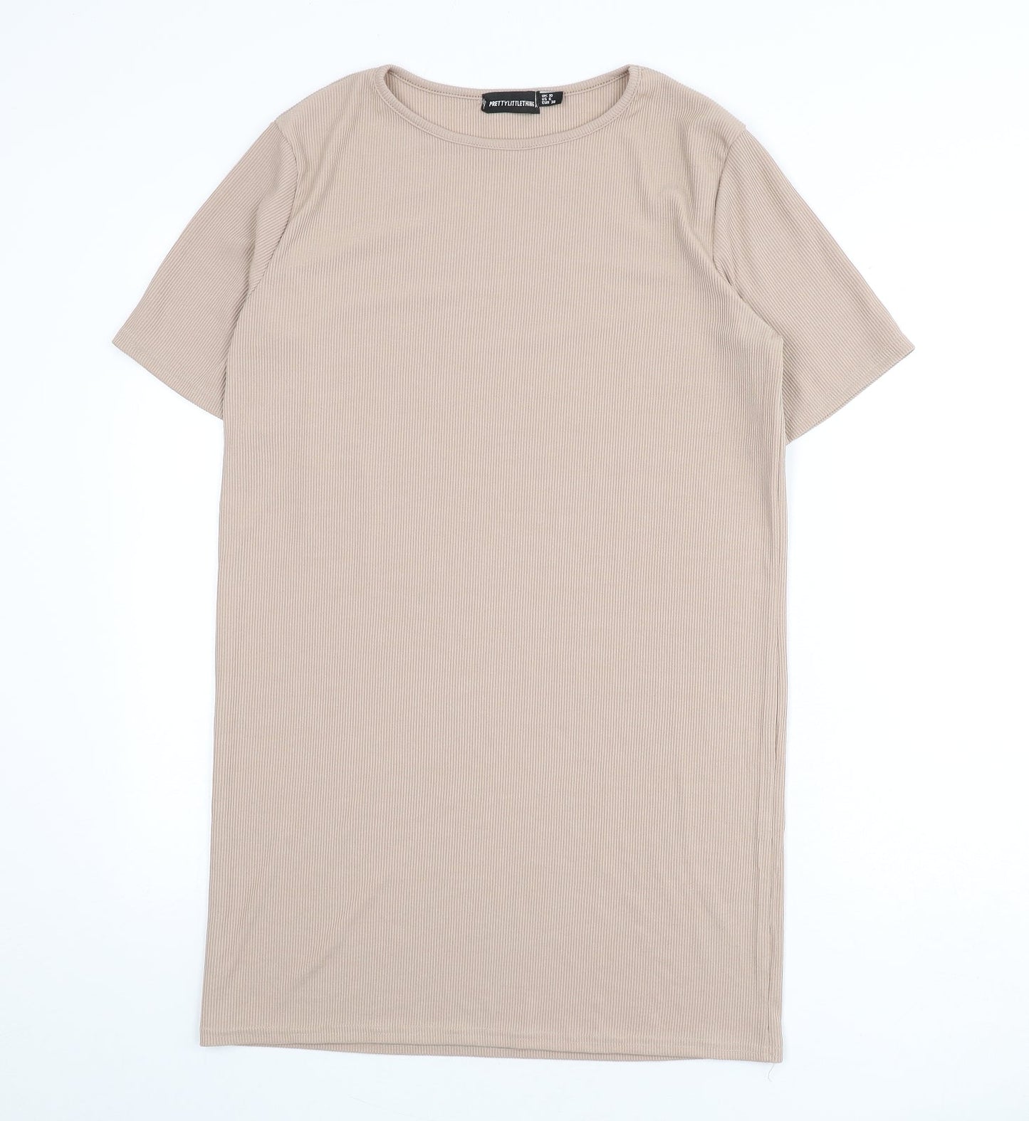 PRETTYLITTLETHING Womens Beige Polyester T-Shirt Dress Size 10 Round Neck Pullover - Ribbed