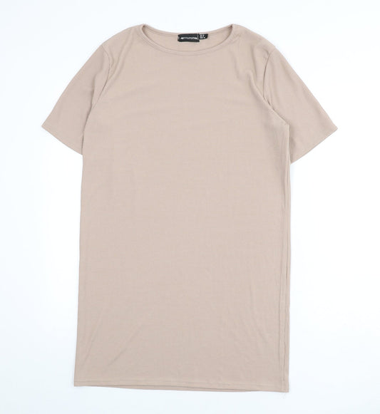 PRETTYLITTLETHING Womens Beige Polyester T-Shirt Dress Size 10 Round Neck Pullover - Ribbed