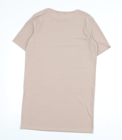 PRETTYLITTLETHING Womens Beige Polyester T-Shirt Dress Size 10 Round Neck Pullover - Ribbed