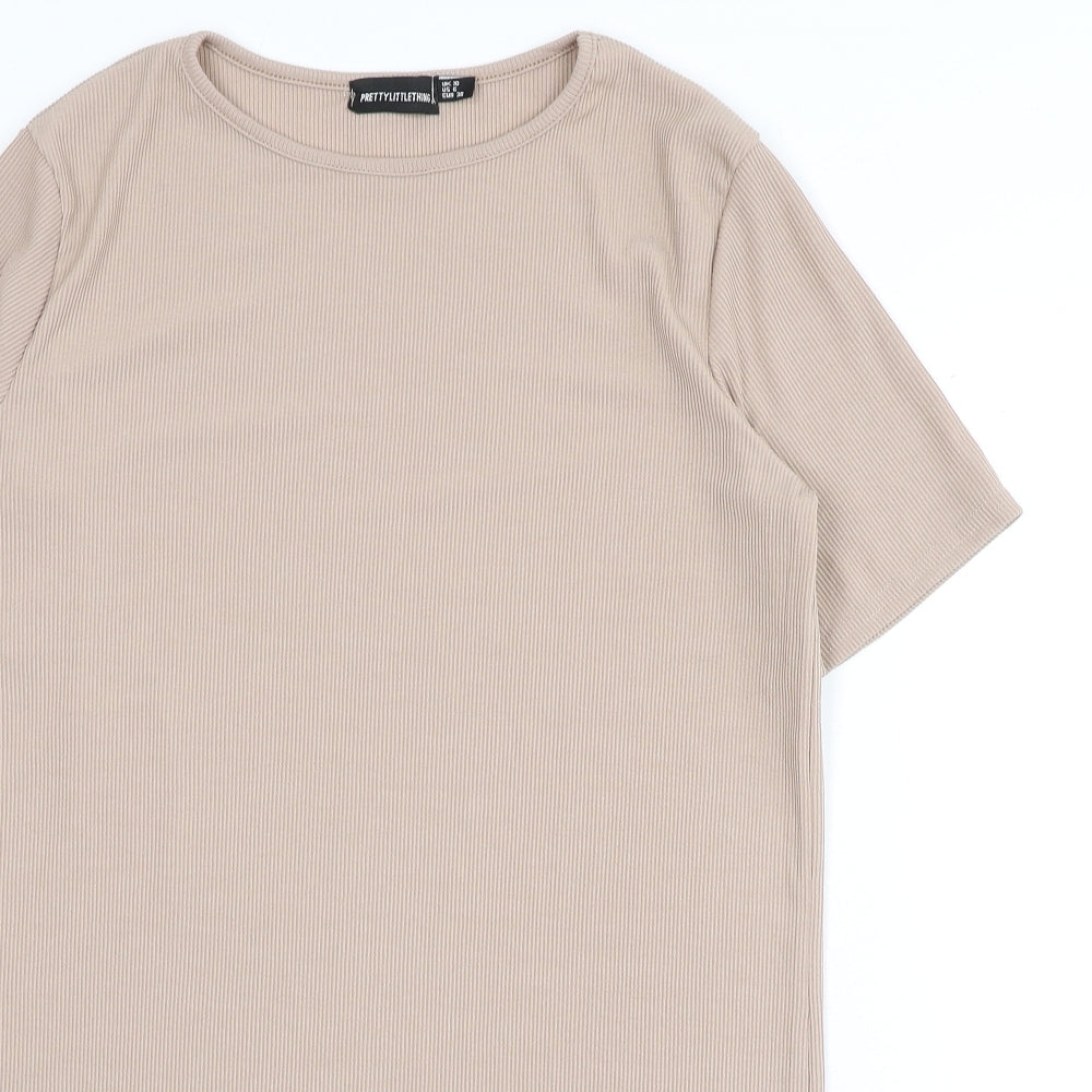 PRETTYLITTLETHING Womens Beige Polyester T-Shirt Dress Size 10 Round Neck Pullover - Ribbed
