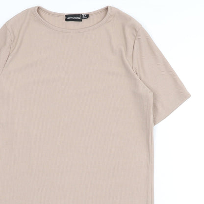 PRETTYLITTLETHING Womens Beige Polyester T-Shirt Dress Size 10 Round Neck Pullover - Ribbed