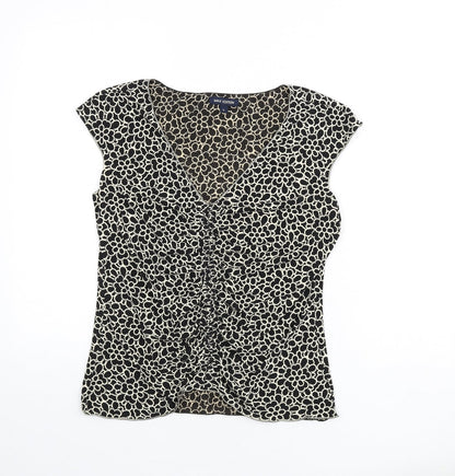 Max Edition Womens Black Floral Polyester Basic T-Shirt Size L V-Neck