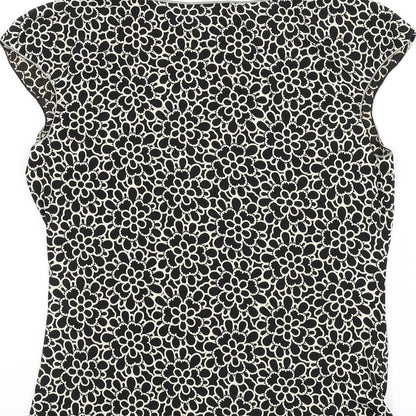 Max Edition Womens Black Floral Polyester Basic T-Shirt Size L V-Neck