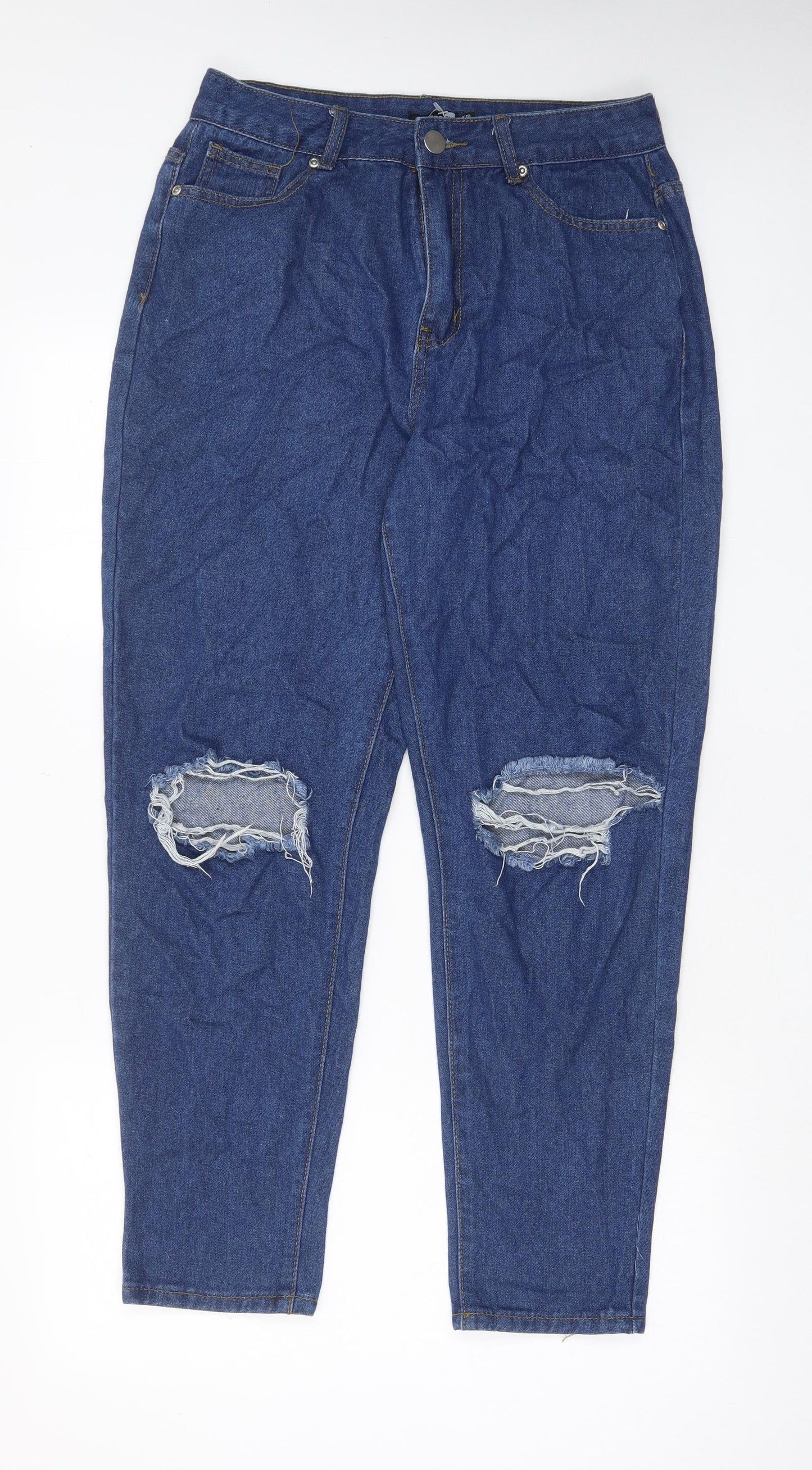 Boohoo Womens Blue Cotton Mom Jeans Size 12 L29 in Regular Zip - Pockets, Belt Loops