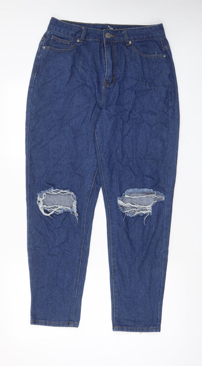 Boohoo Womens Blue Cotton Mom Jeans Size 12 L29 in Regular Zip - Pockets, Belt Loops