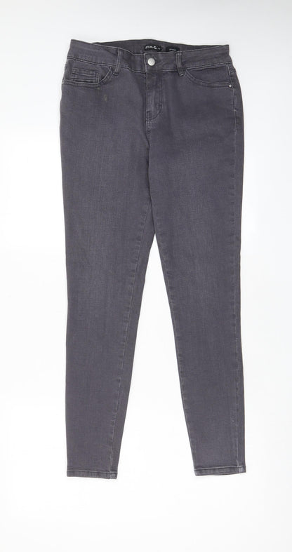 TU Womens Grey Cotton Skinny Jeans Size 12 L28 in Regular Zip - Pockets, Belt Loops