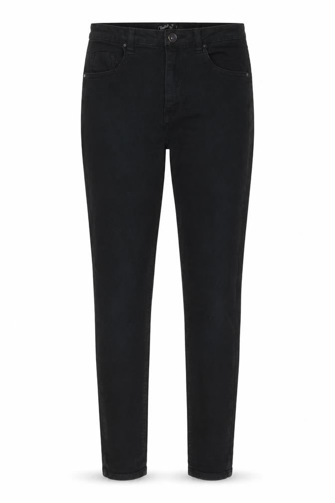Front view of Toxik3 women’s black cotton skinny jeans, size UK 8, 27-inch leg regular zip - pockets, belt loops