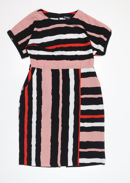 Debenhams Womens Multicoloured Striped Polyester Pencil Dress Size 14 Round Neck Zip - Pockets