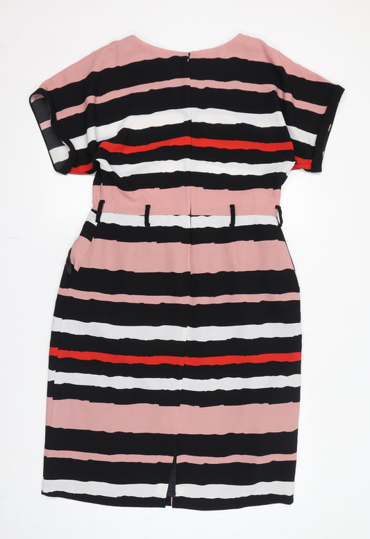 Debenhams Womens Multicoloured Striped Polyester Pencil Dress Size 14 Round Neck Zip - Pockets