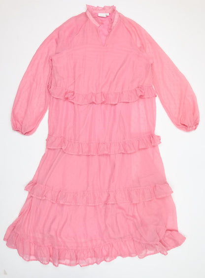 VILA Womens Pink Polyester Maxi Size 10 V-Neck Pullover - Ruffles