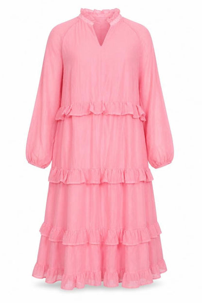 VILA Womens Pink Polyester Maxi Size 10 V-Neck Pullover - Ruffles