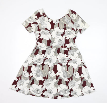 Dorothy Perkins Womens White Floral Polyester Fit & Flare Size 12 Round Neck Pullover