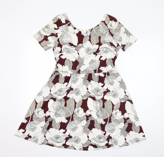 Dorothy Perkins Womens White Floral Polyester Fit & Flare Size 12 Round Neck Pullover