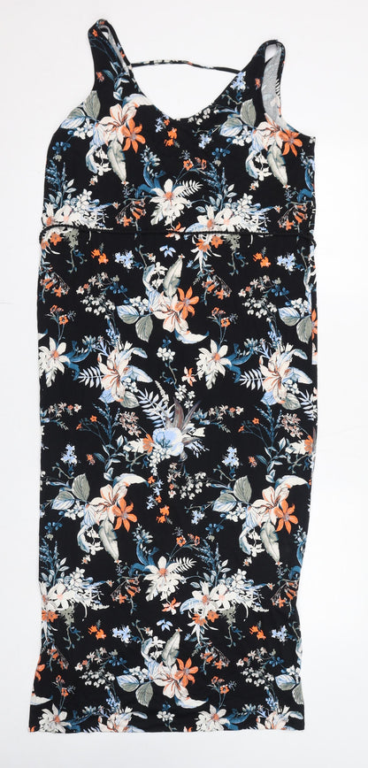 Marks and Spencer Womens Black Floral Viscose Bodycon Size 12 V-Neck Pullover