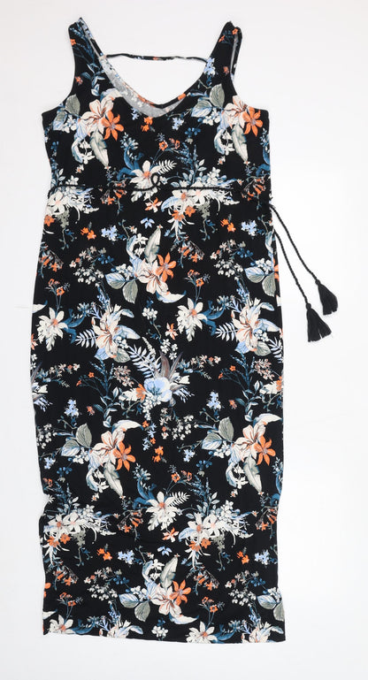 Marks and Spencer Womens Black Floral Viscose Bodycon Size 12 V-Neck Pullover