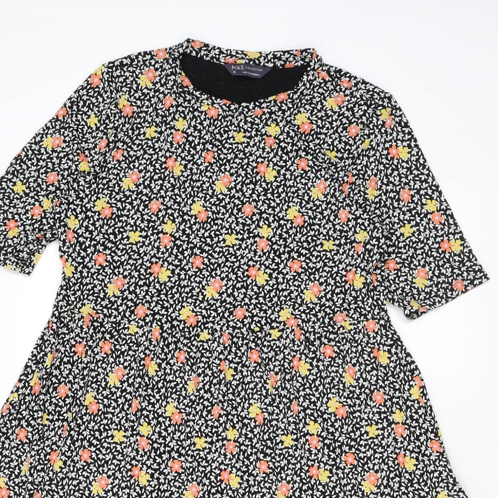 Marks and Spencer Womens Black Floral Viscose A-Line Size 12 Round Neck Pullover