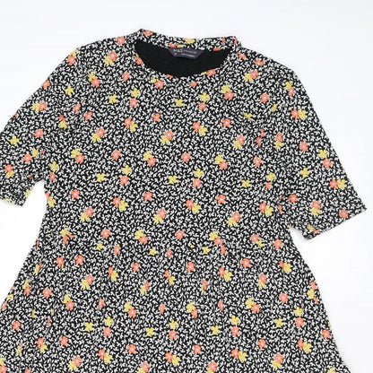 Marks and Spencer Womens Black Floral Viscose A-Line Size 12 Round Neck Pullover