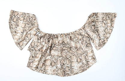 Boohoo Womens Brown Animal Print Polyester Basic Blouse Size 16 Off the Shoulder - Ruffles