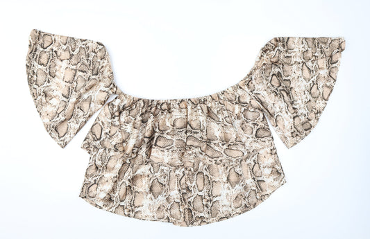 Boohoo Womens Brown Animal Print Polyester Basic Blouse Size 16 Off the Shoulder - Ruffles