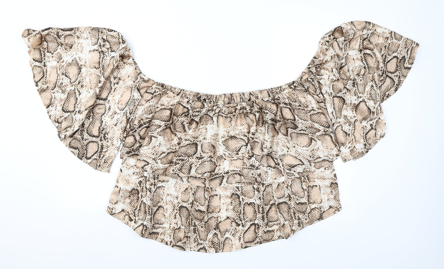 Boohoo Womens Brown Animal Print Polyester Basic Blouse Size 16 Off the Shoulder - Ruffles