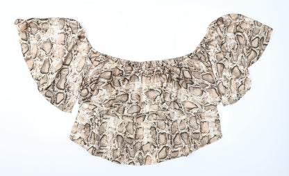 Boohoo Womens Brown Animal Print Polyester Basic Blouse Size 16 Off the Shoulder - Ruffles