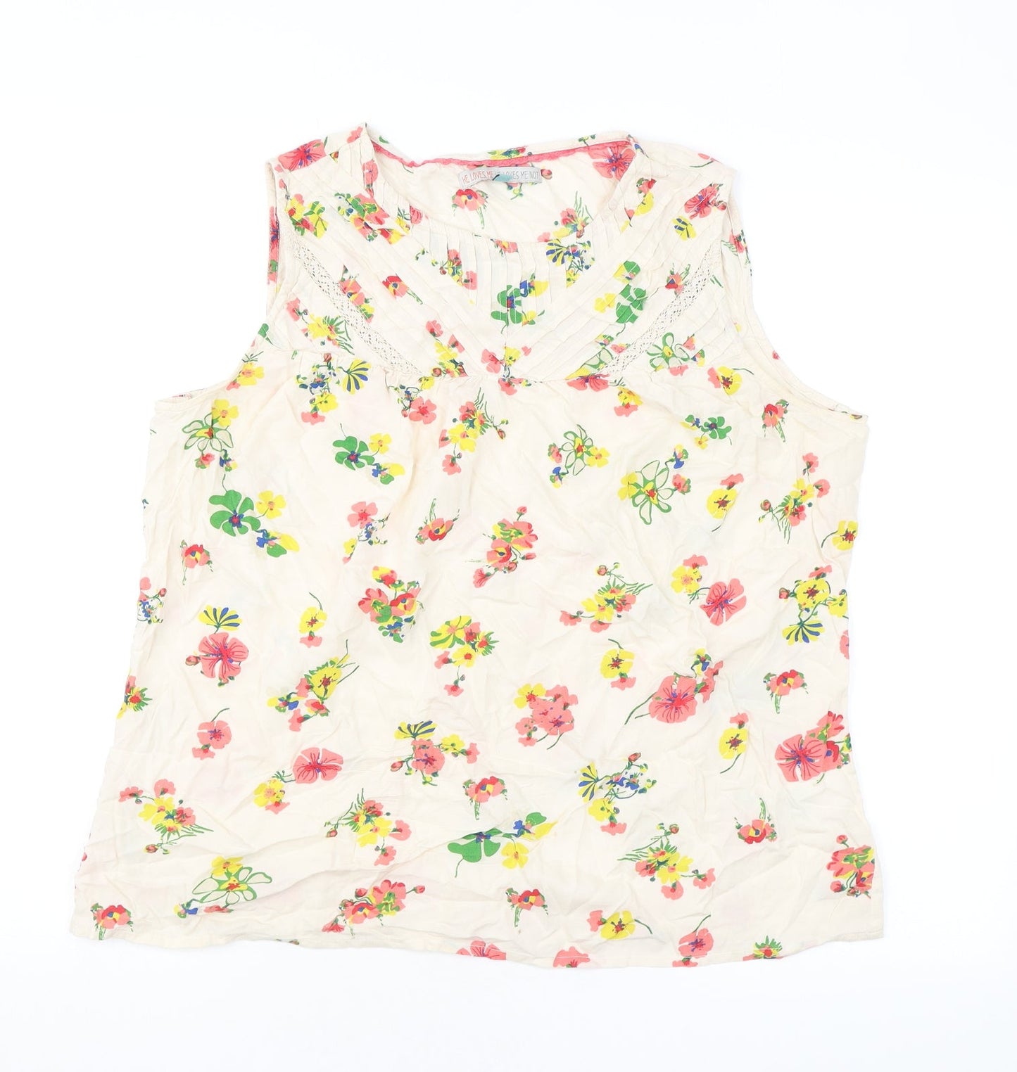 He Loves Me He Loves Me Not Womens Beige Floral Viscose Basic Tank Size XL Round Neck