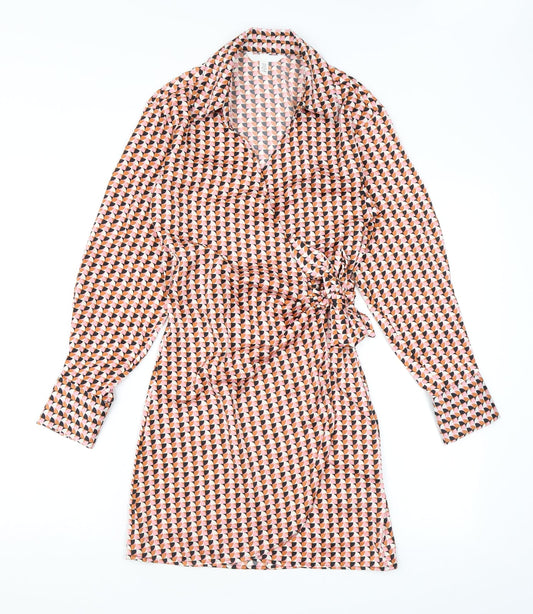 H&M Womens Orange Geometric Polyester Wrap Dress Size XS Collared Tie