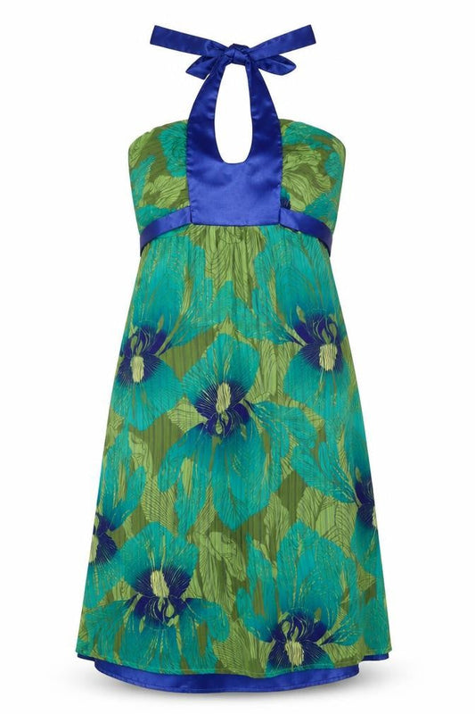 Front view of Principles women’s green geometric polyester a-line, size UK 8, halter zip