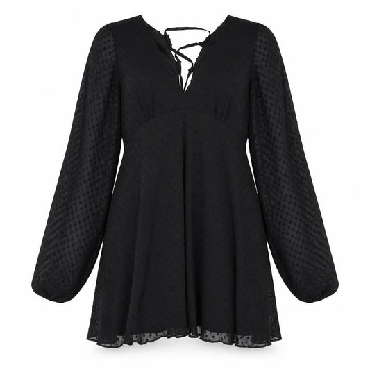 Front view of ASOS women’s black polka dot polyester shift, size UK 10, v-neck zip