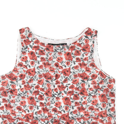 Zara Womens Red Floral Polyester Basic Blouse Size S Scoop Neck