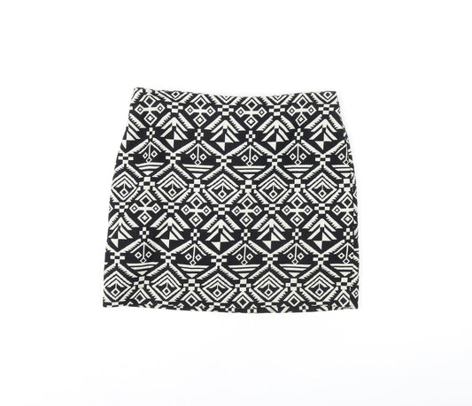 H&M Womens Black Geometric Cotton Mini Skirt Size 8 Zip