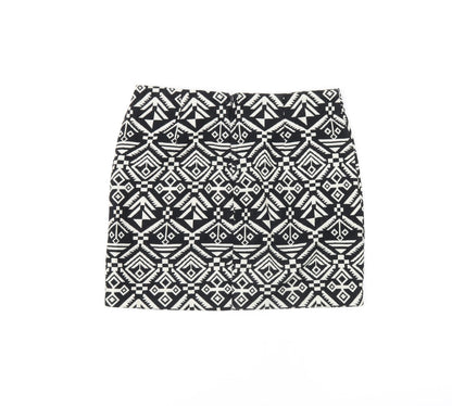 H&M Womens Black Geometric Cotton Mini Skirt Size 8 Zip