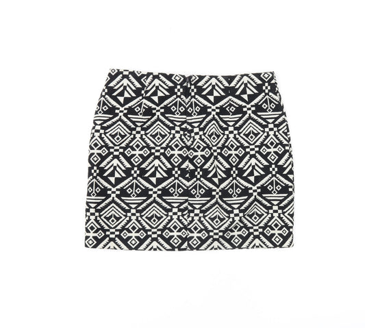 H&M Womens Black Geometric Cotton Mini Skirt Size 8 Zip