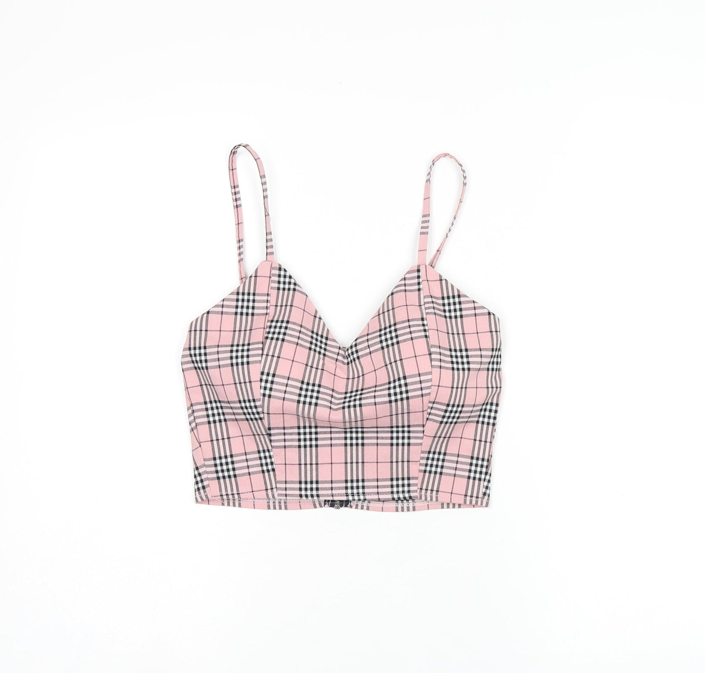 Storets Womens Pink Plaid Polyester Cropped T-Shirt Size S V-Neck