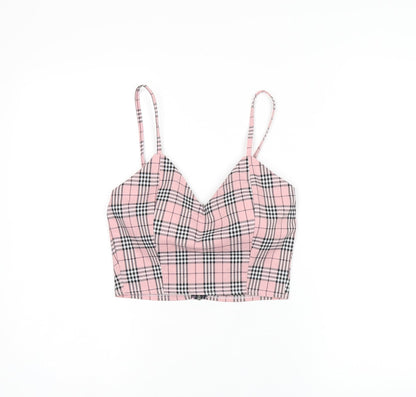 Storets Womens Pink Plaid Polyester Cropped T-Shirt Size S V-Neck
