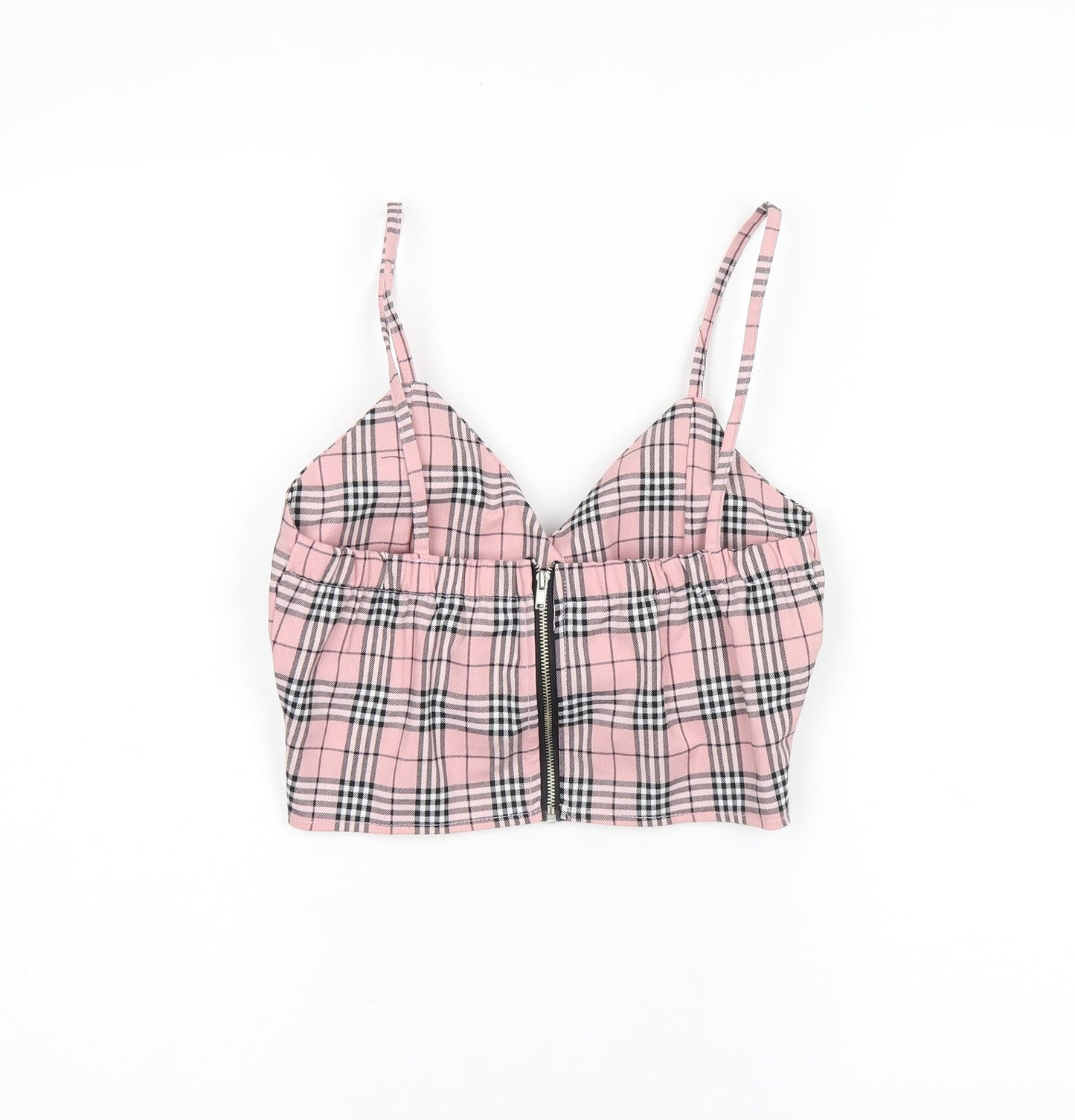Storets Womens Pink Plaid Polyester Cropped T-Shirt Size S V-Neck