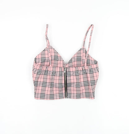 Storets Womens Pink Plaid Polyester Cropped T-Shirt Size S V-Neck