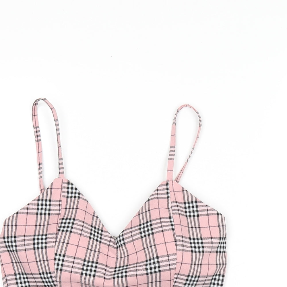 Storets Womens Pink Plaid Polyester Cropped T-Shirt Size S V-Neck