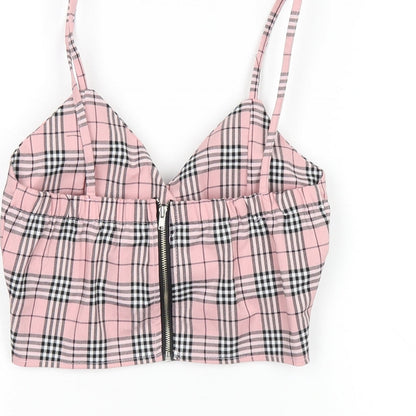 Storets Womens Pink Plaid Polyester Cropped T-Shirt Size S V-Neck